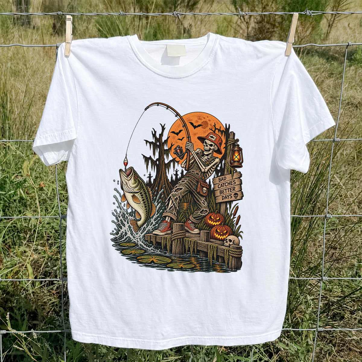 Bad Catches Better Days Skeleton and Bass Halloween Fishing T-Shirt