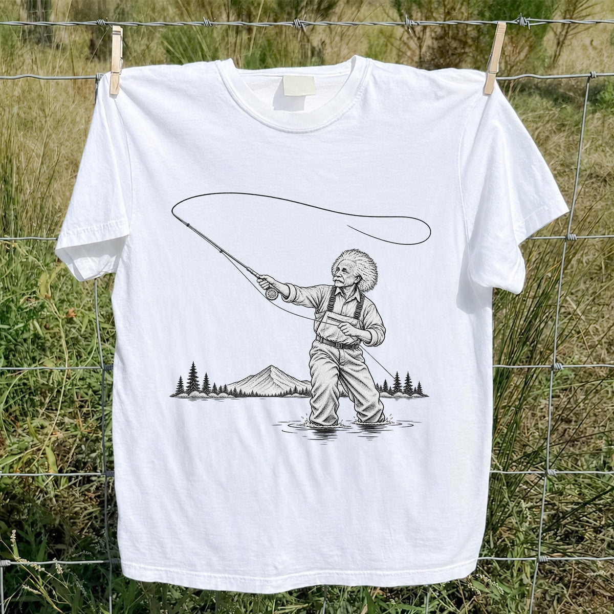 Vintage Fly Fisherman Mountain Lake Fishing Graphic T-Shirt