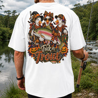 Trick or Trout Halloween Ducks with Rainbow Trout and Pumpkins Fishing T-Shirt | Back Print
