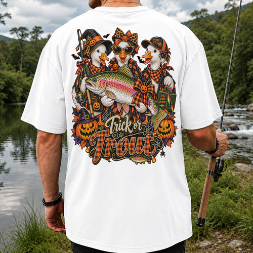 Trick or Trout Halloween Ducks with Rainbow Trout and Pumpkins Fishing T-Shirt | Back Print