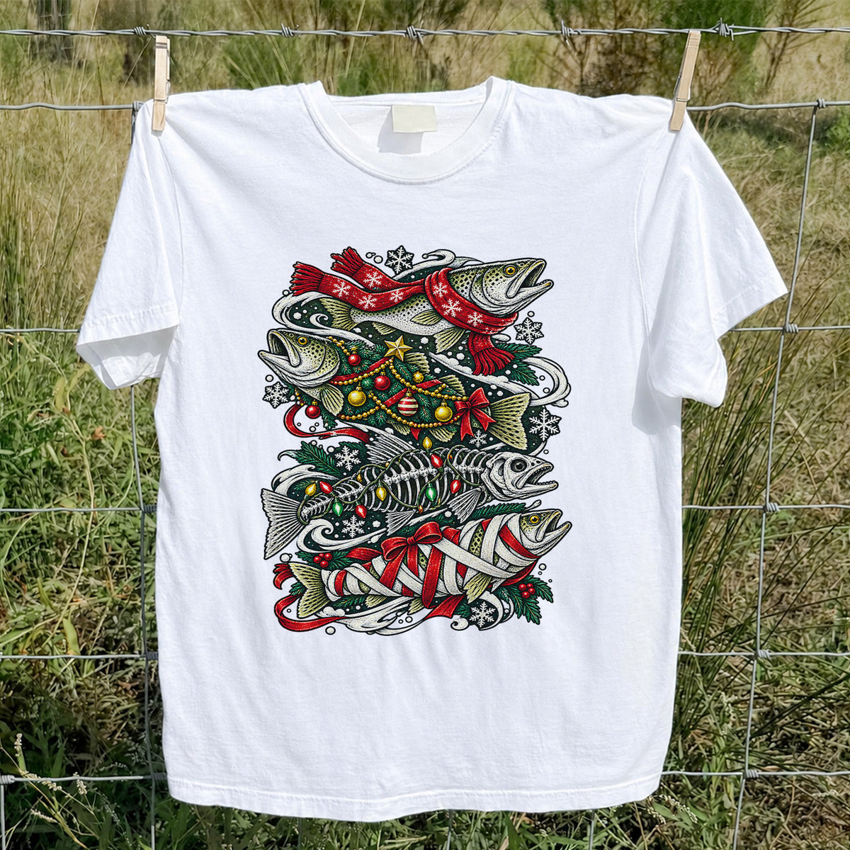 Christmas Trout and Fish Skeleton Holiday Fishing T-Shirt