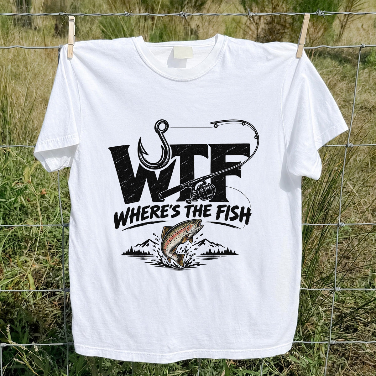 WTF Where's the Fish Rainbow Trout Fishing Graphic T-Shirt