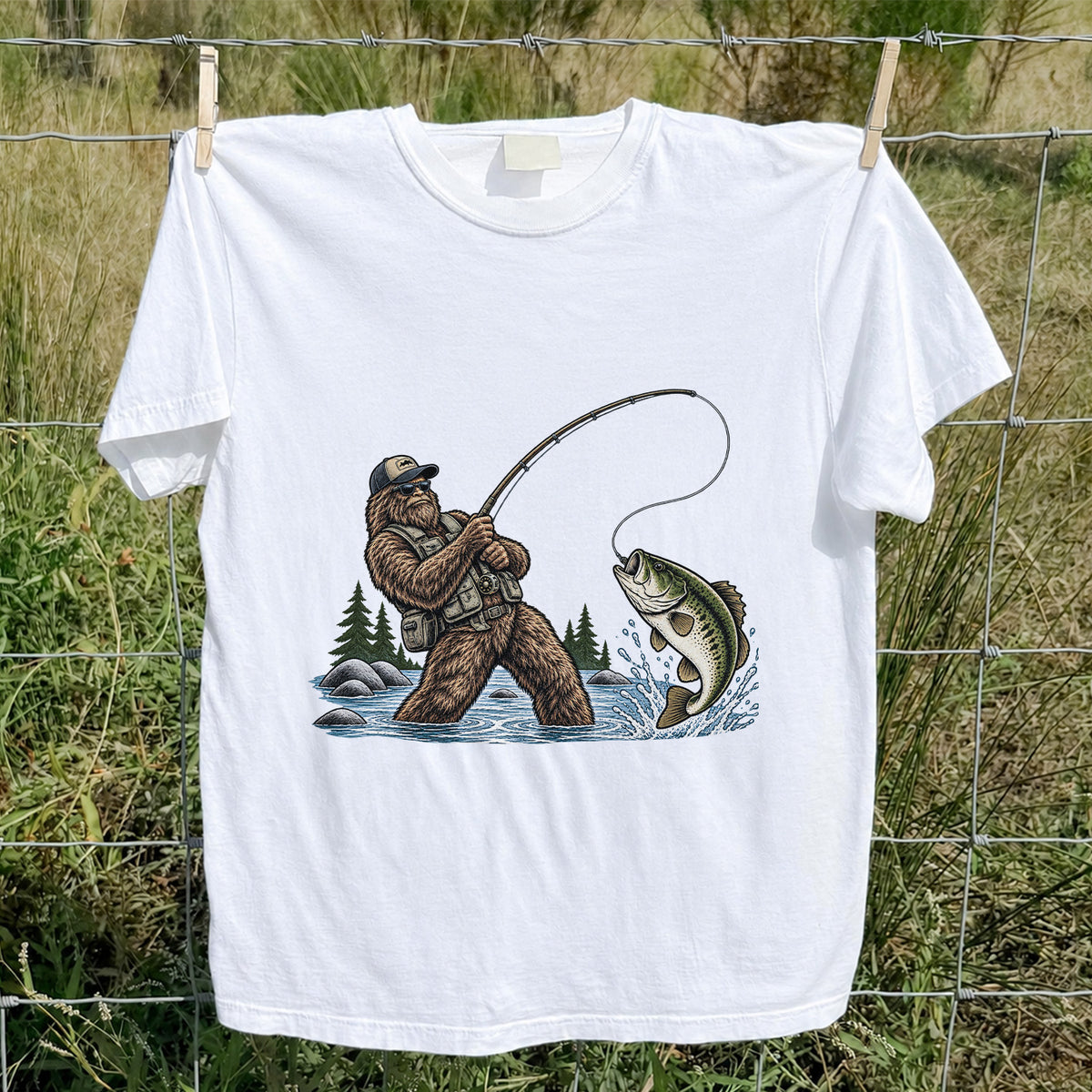 Bear Catching Bass Fishing Graphic T-Shirt