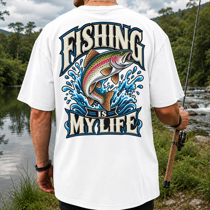 Fishing Is My Life Jumping Rainbow Trout Graphic T-Shirt | Back Print