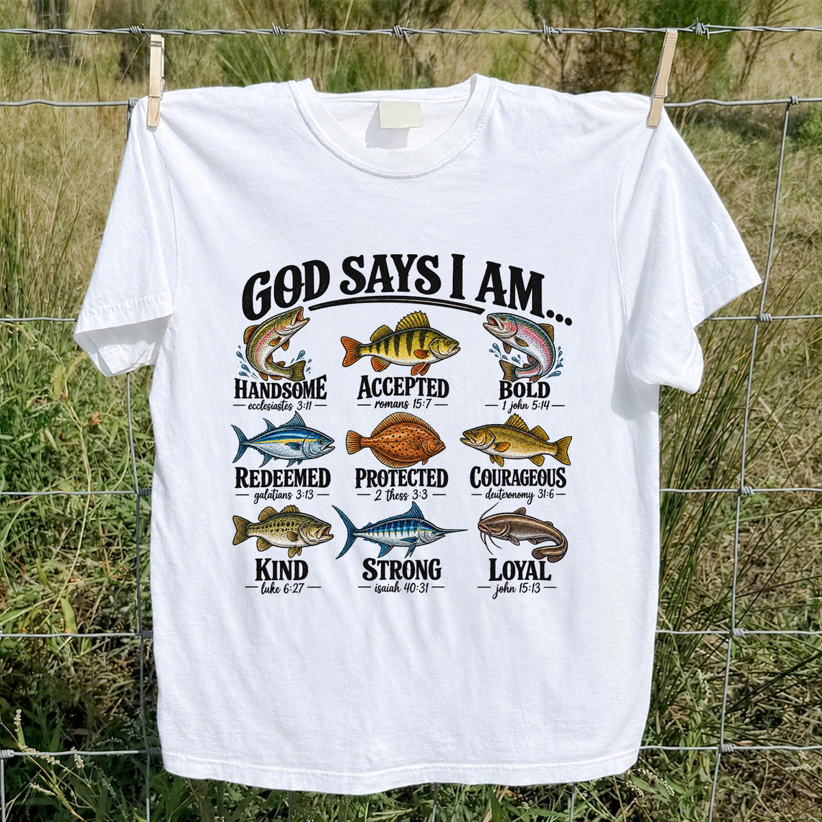 God Says I Am Christian Fish and Bible Verse Fishing Graphic T-Shirt