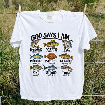 God Says I Am Christian Fish and Bible Verse Fishing Graphic T-Shirt
