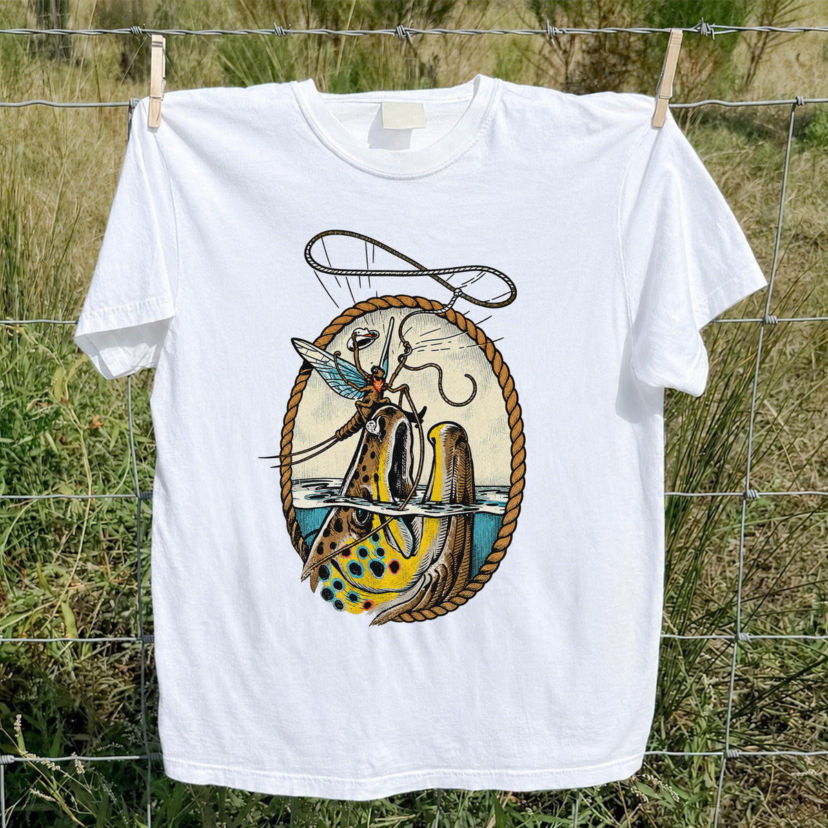 Brown Trout and Winged Fly Angler Vintage Fishing Graphic T-Shirt