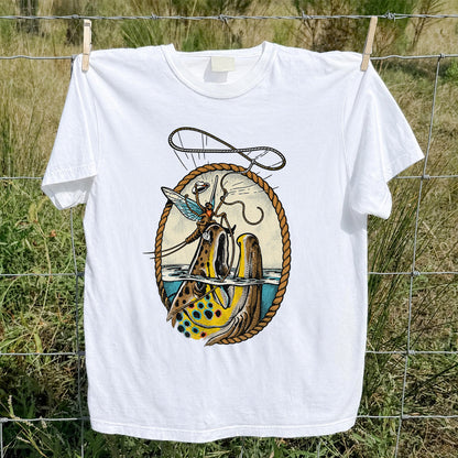 Brown Trout and Winged Fly Angler Vintage Fishing Graphic T-Shirt