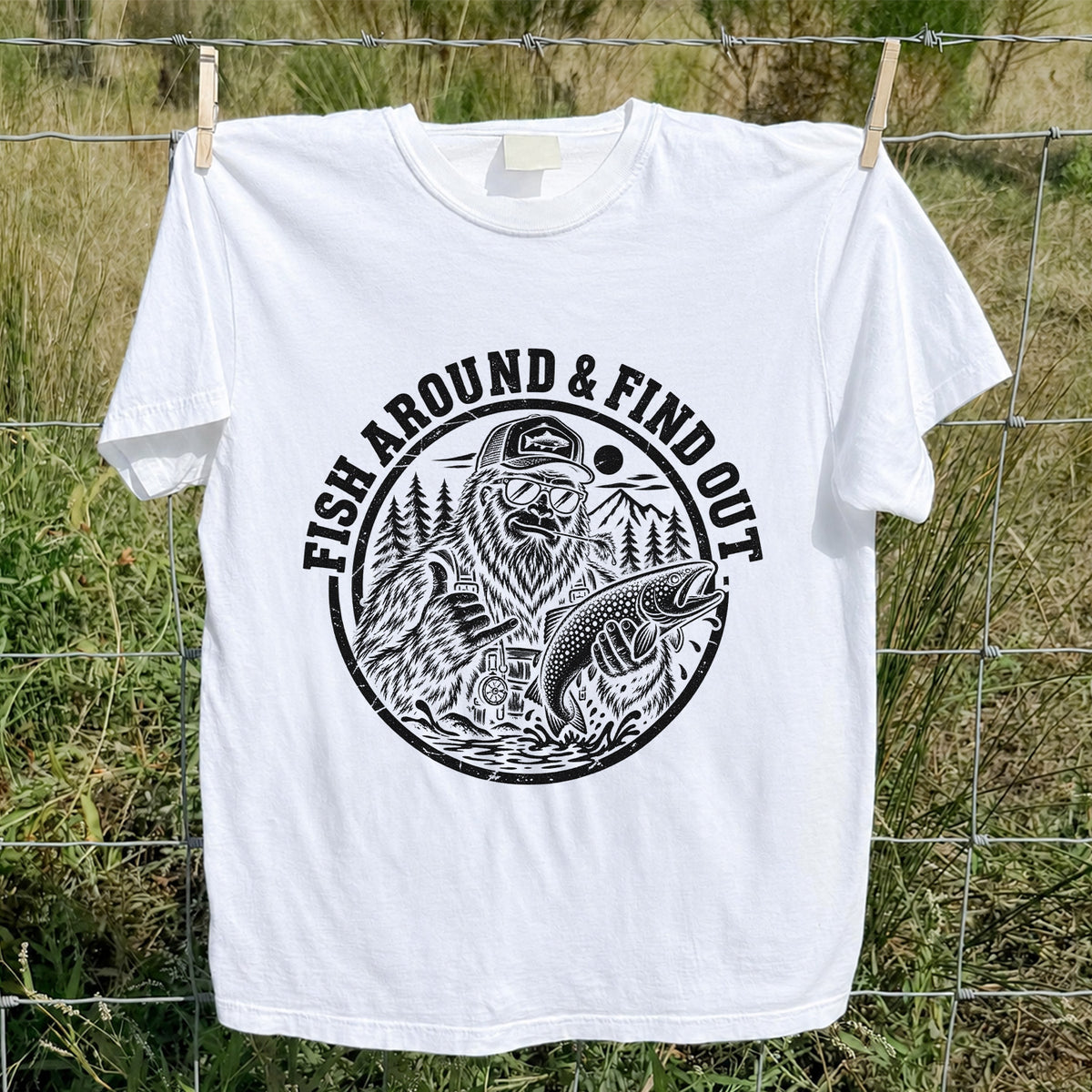 Fish Around & Find Out Bigfoot Trout Fishing Graphic T-Shirt