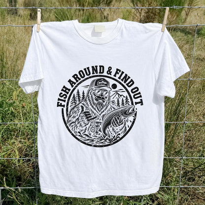 Fish Around & Find Out Bigfoot Trout Fishing Graphic T-Shirt