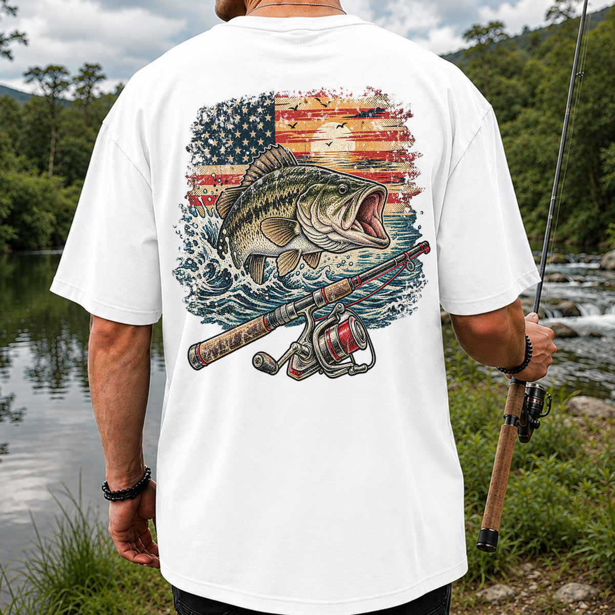 American Flag Largemouth Bass Fishing Graphic T-Shirt | Back Print