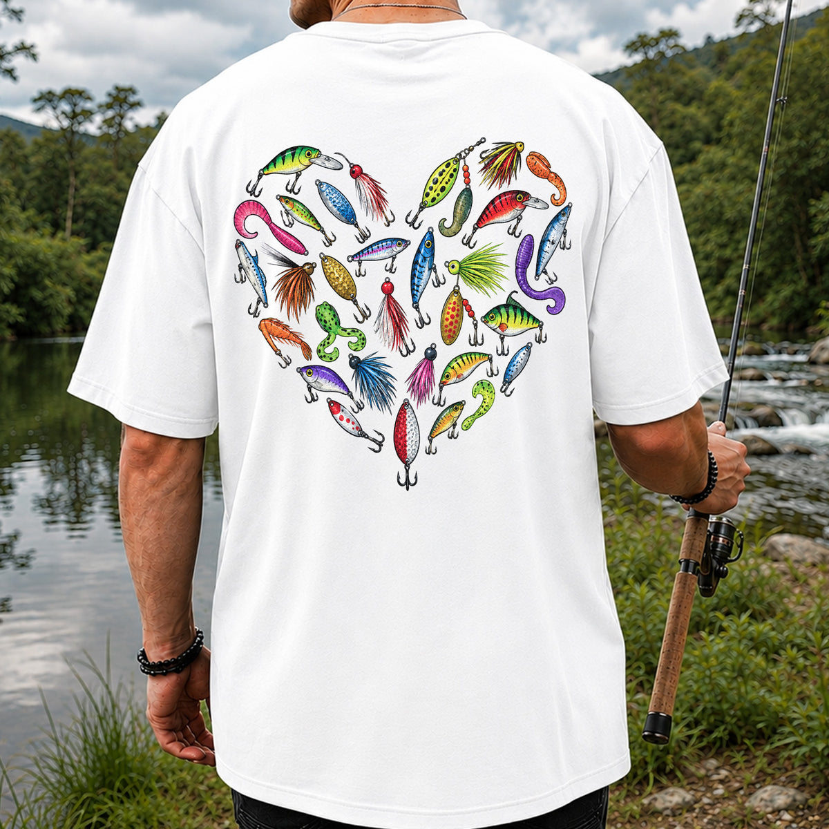 Colorful Fishing Lures in a Heart Shape Graphic T-Shirt | Back Print
