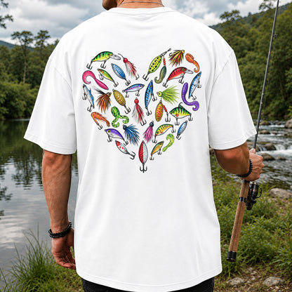 Colorful Fishing Lures in a Heart Shape Graphic T-Shirt | Back Print