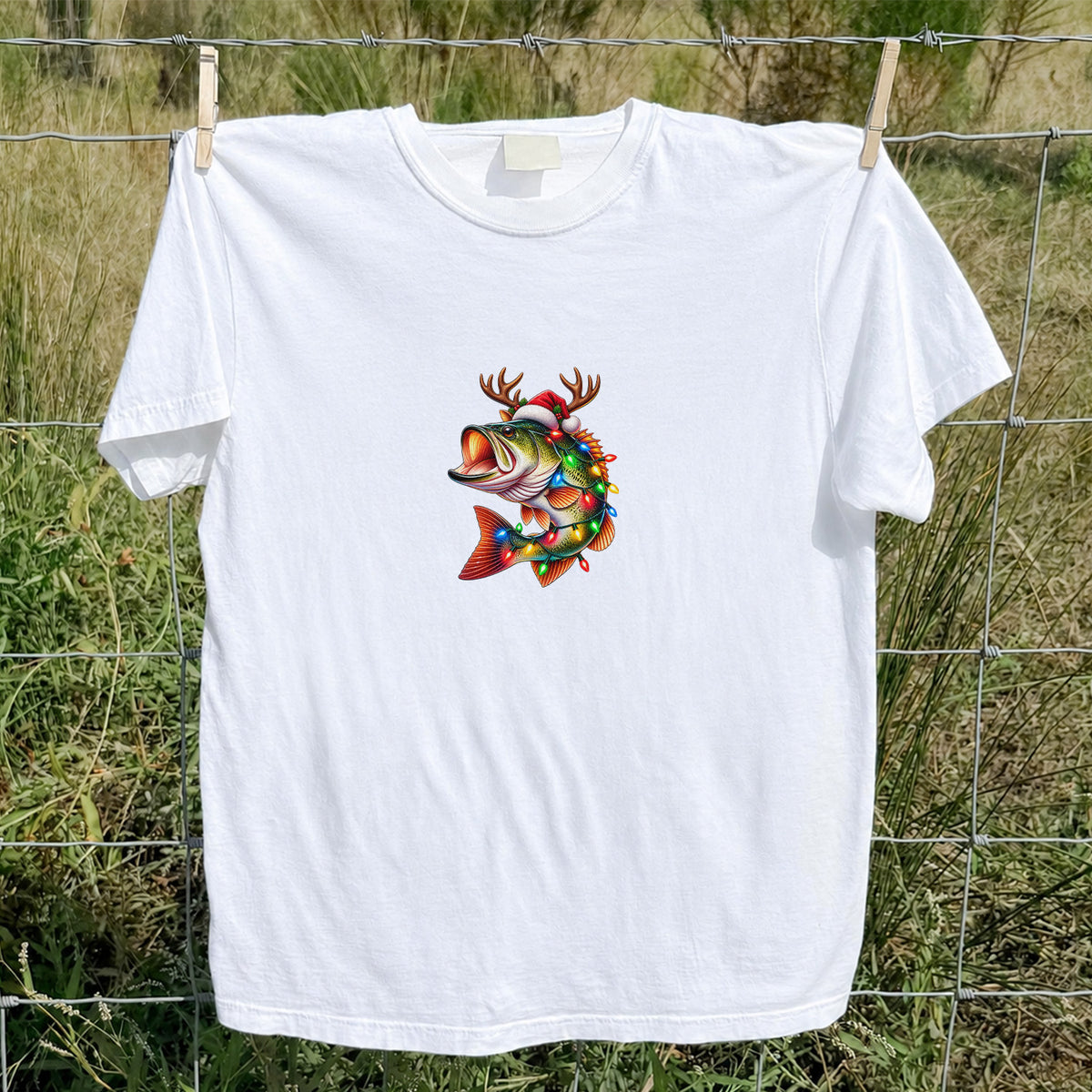 Christmas Bass with Santa Hat, Antlers and Holiday Lights Fishing T-Shirt