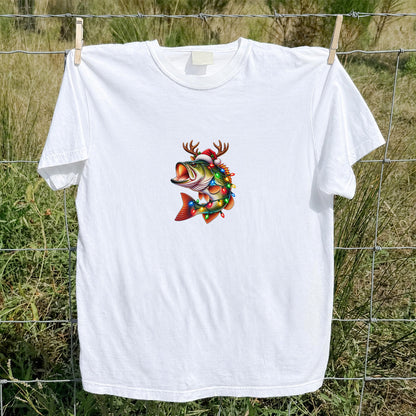 Christmas Bass with Santa Hat, Antlers and Holiday Lights Fishing T-Shirt