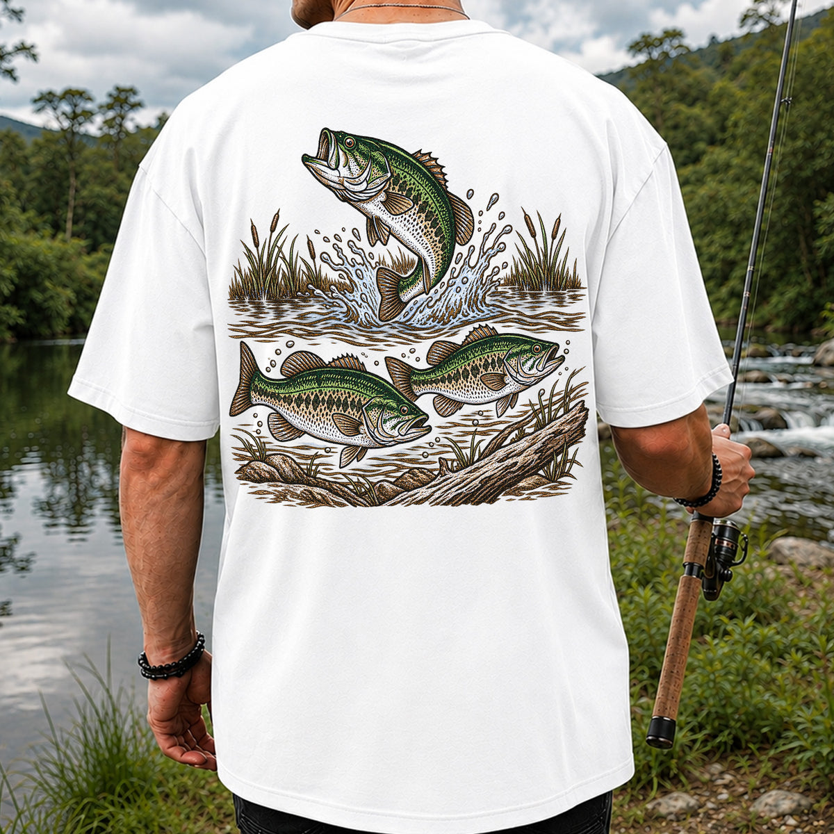 Largemouth Bass Jumping River Fishing Graphic T-Shirt | Back Print