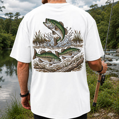 Largemouth Bass Jumping River Fishing Graphic T-Shirt | Back Print