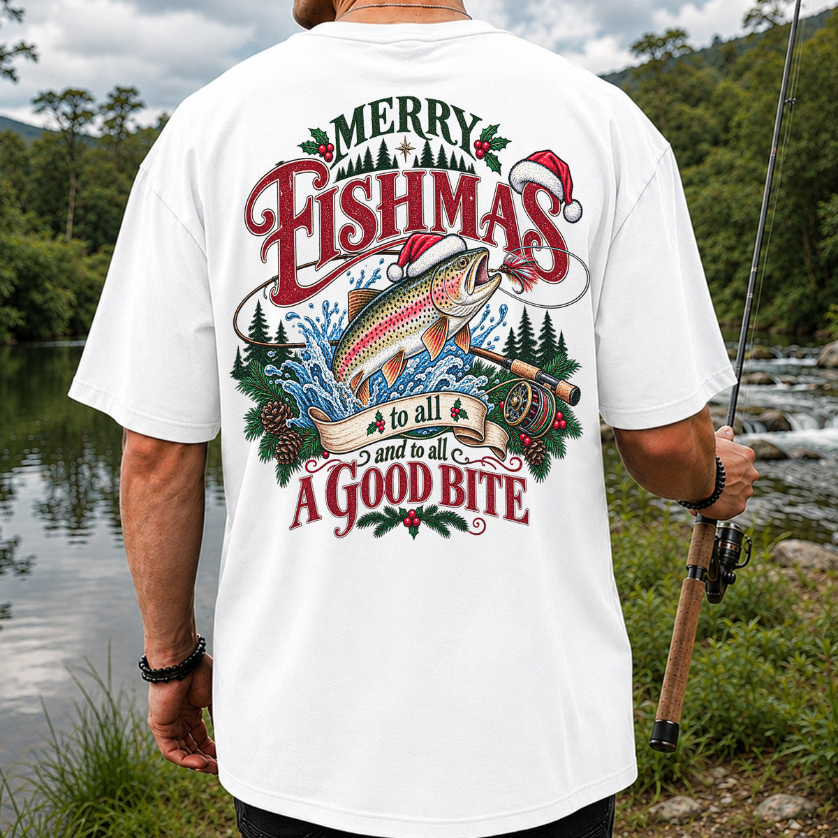 Merry Fishmas to All and to All a Good Bite Rainbow Trout T-Shirt | Back Print