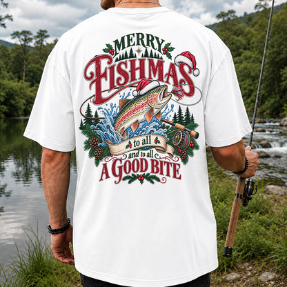 Merry Fishmas to All and to All a Good Bite Rainbow Trout T-Shirt | Back Print