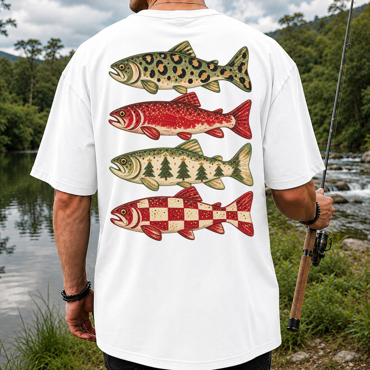 Four Seasonal Trout Patterns Christmas Fishing Graphic T-Shirt | Back Print