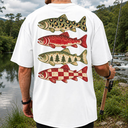 Four Seasonal Trout Patterns Christmas Fishing Graphic T-Shirt | Back Print