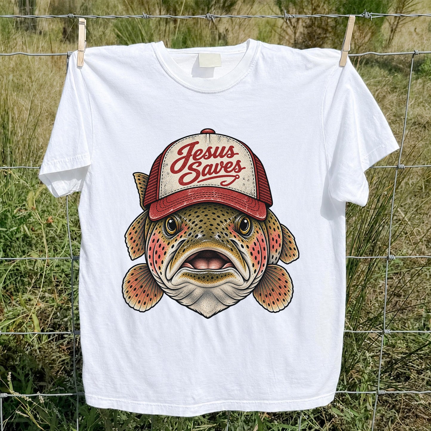 Jesus Saves Rainbow Trout in a Trucker Hat Fishing T-Shirt