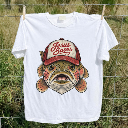Jesus Saves Rainbow Trout in a Trucker Hat Fishing T-Shirt