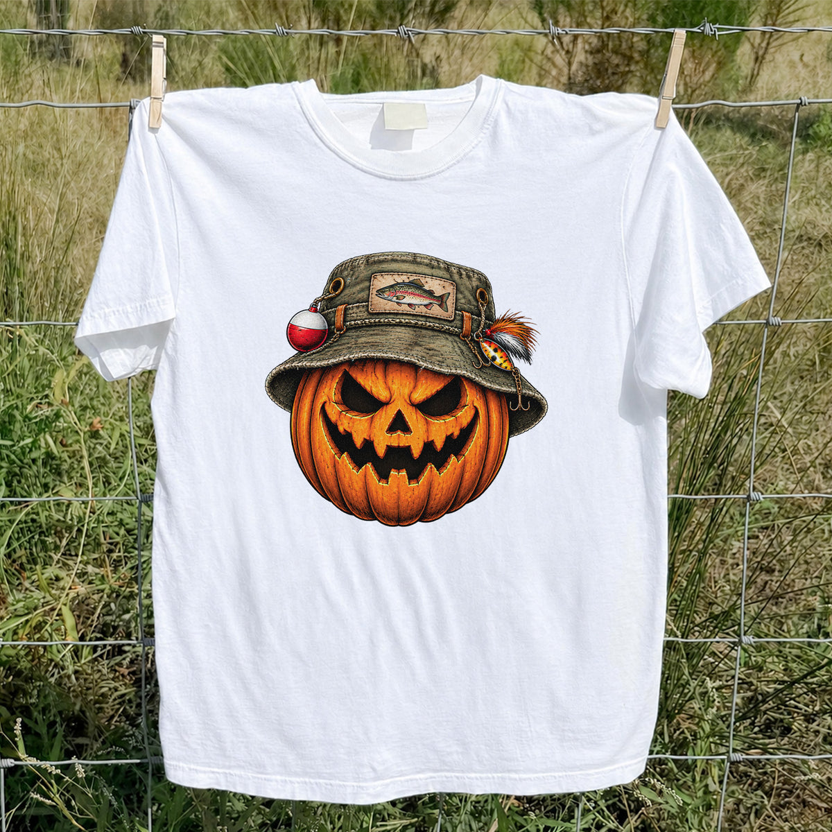 Halloween Pumpkin in a Trout Fishing Hat Graphic T-Shirt