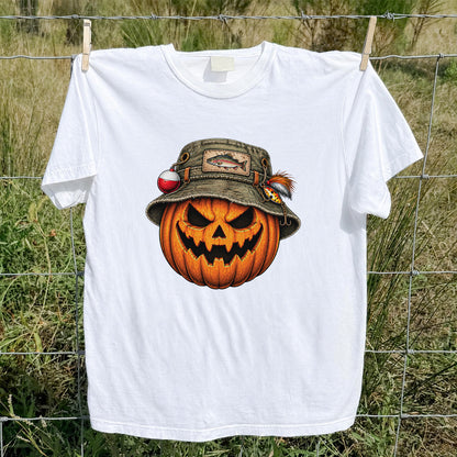Halloween Pumpkin in a Trout Fishing Hat Graphic T-Shirt