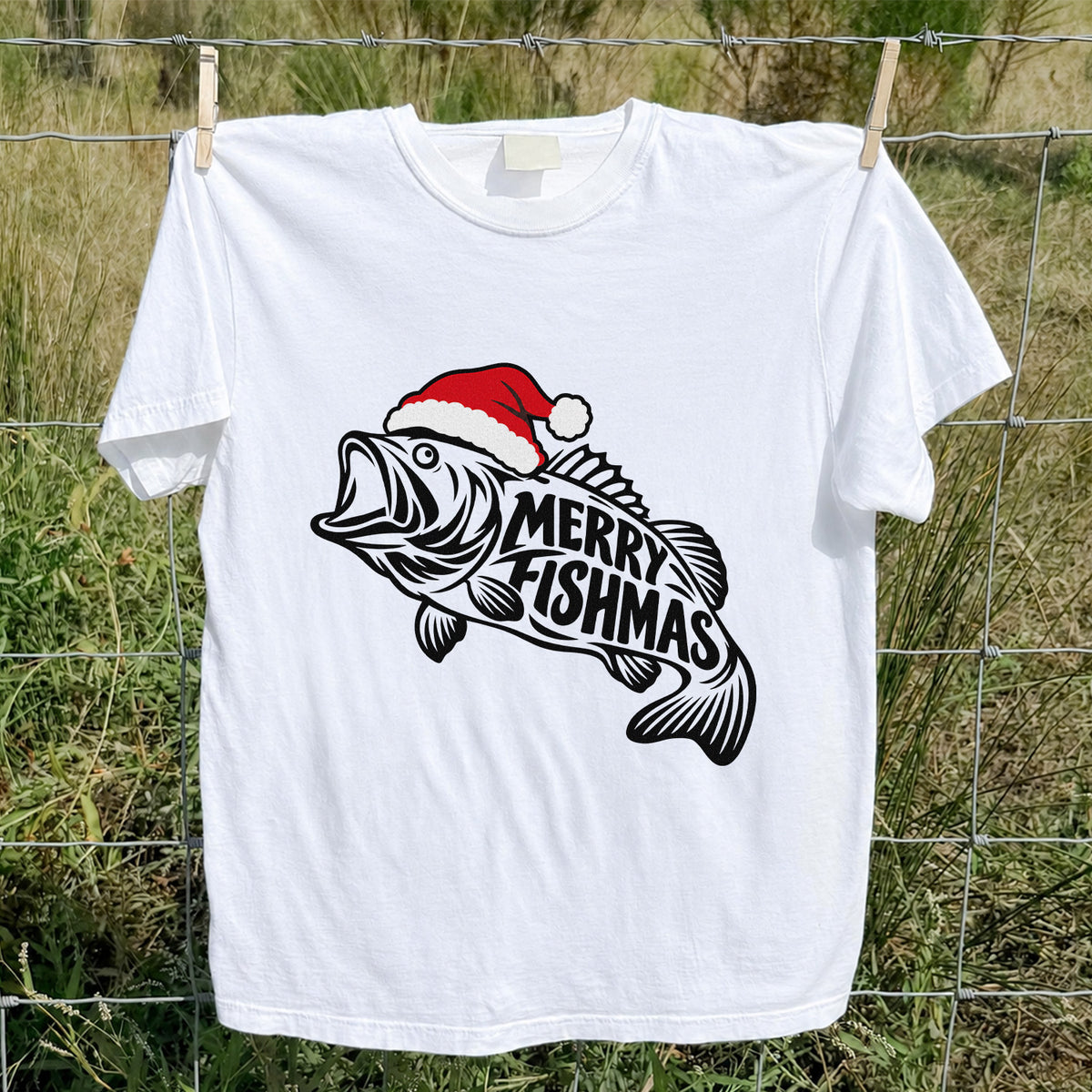 Santa Hat Fish Christmas Fishing Graphic T-Shirt