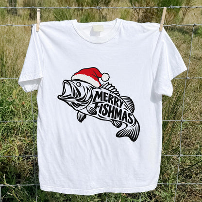 Santa Hat Fish Christmas Fishing Graphic T-Shirt