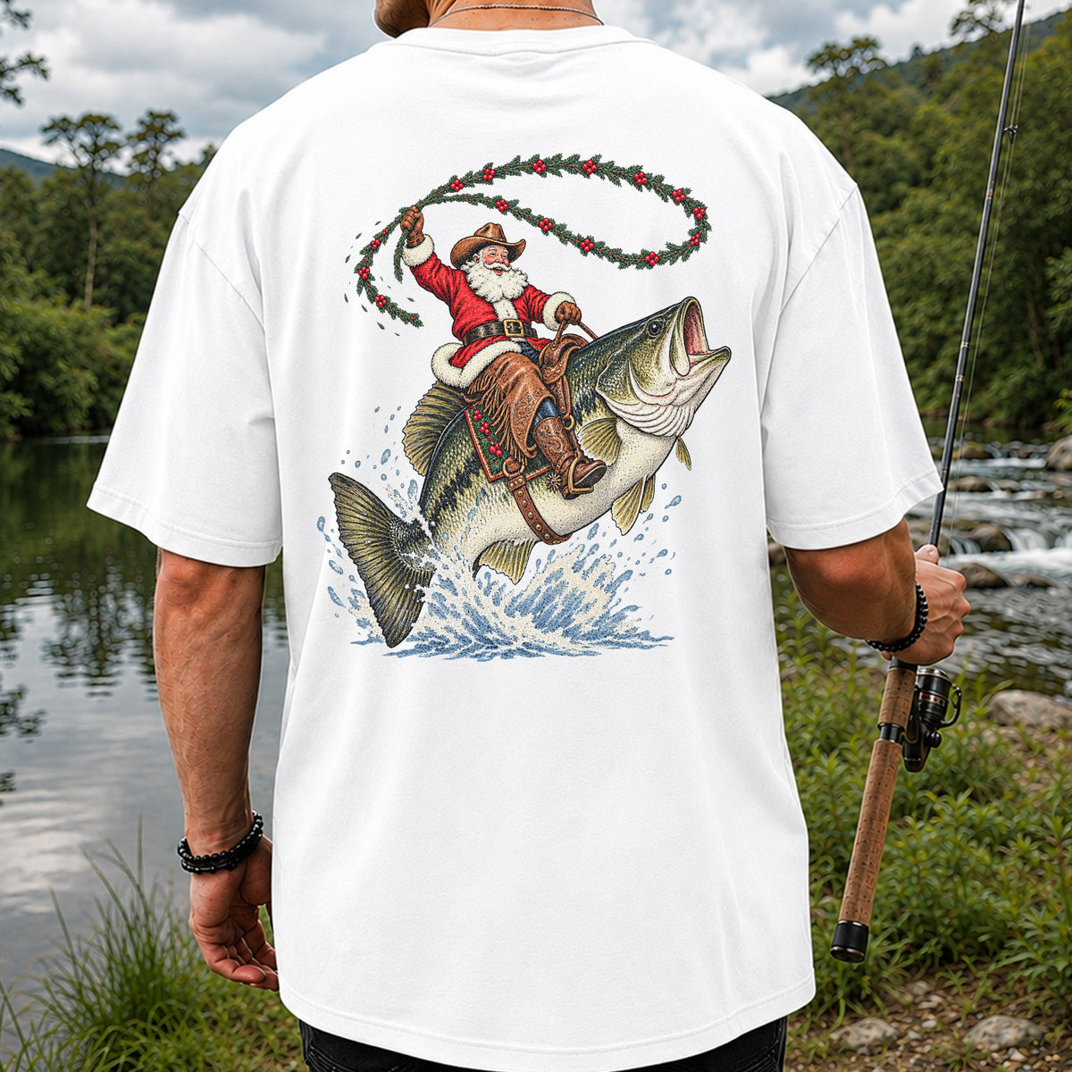 Cowboy Santa Riding a Jumping Bass Christmas Fishing Graphic T-Shirt | Back Print