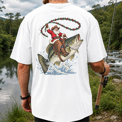 Cowboy Santa Riding a Jumping Bass Christmas Fishing Graphic T-Shirt | Back Print