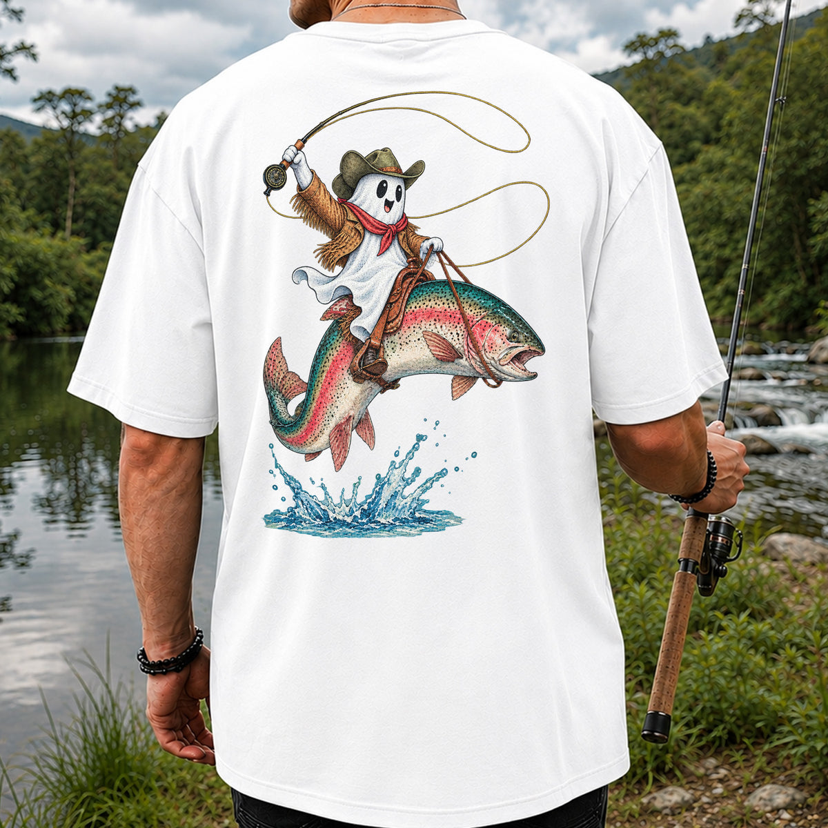 Ghost Cowboy Riding a Rainbow Trout Halloween Fishing T-Shirt | Back Print