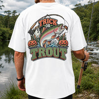 Trick or Trout Rainbow Trout Ghost and Pumpkins Halloween Fishing T-Shirt | Back Print