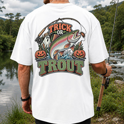 Trick or Trout Rainbow Trout Ghost and Pumpkins Halloween Fishing T-Shirt | Back Print