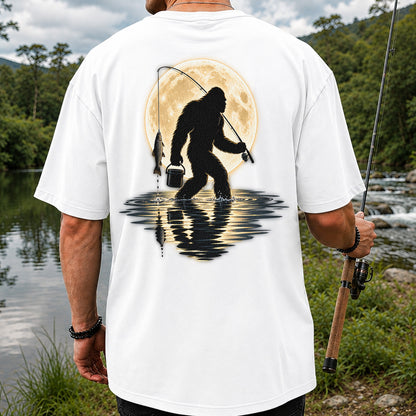 Bigfoot Fishing Under a Full Moon Graphic T-Shirt | Back Print