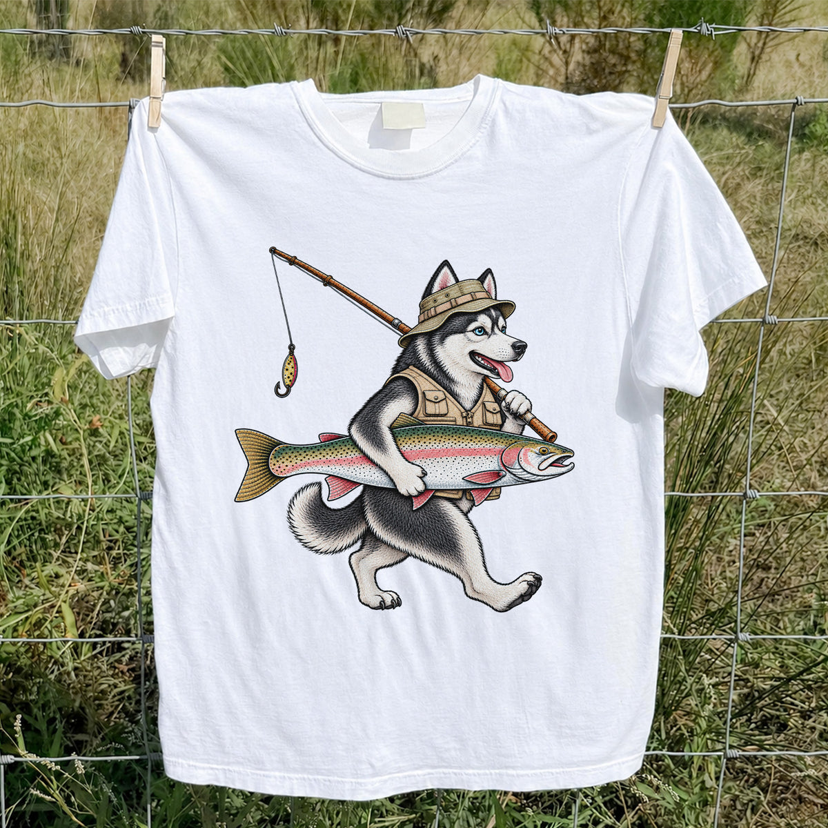 Husky Holding Rainbow Trout Fishing Graphic T-Shirt