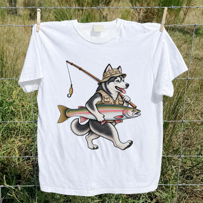 Husky Holding Rainbow Trout Fishing Graphic T-Shirt