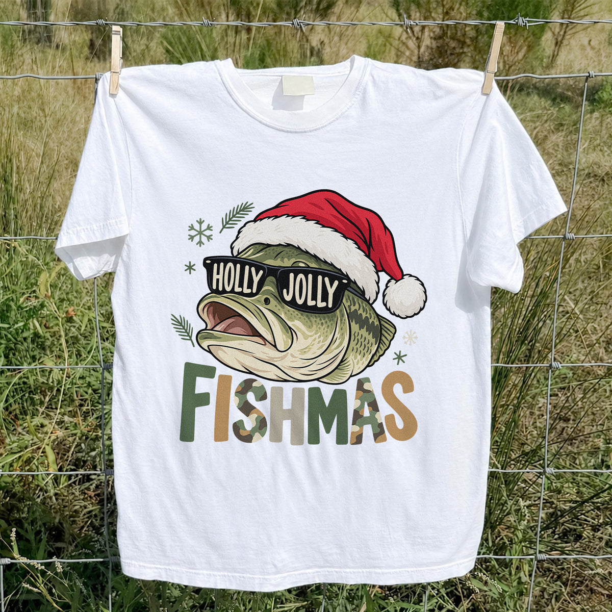 Bass Wearing Santa Hat and Holiday Glasses Fishing Graphic T-Shirt
