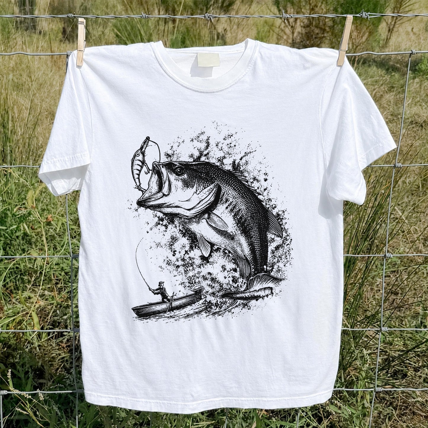 Largemouth Bass Striking Lure from Fishing Boat Graphic T-Shirt