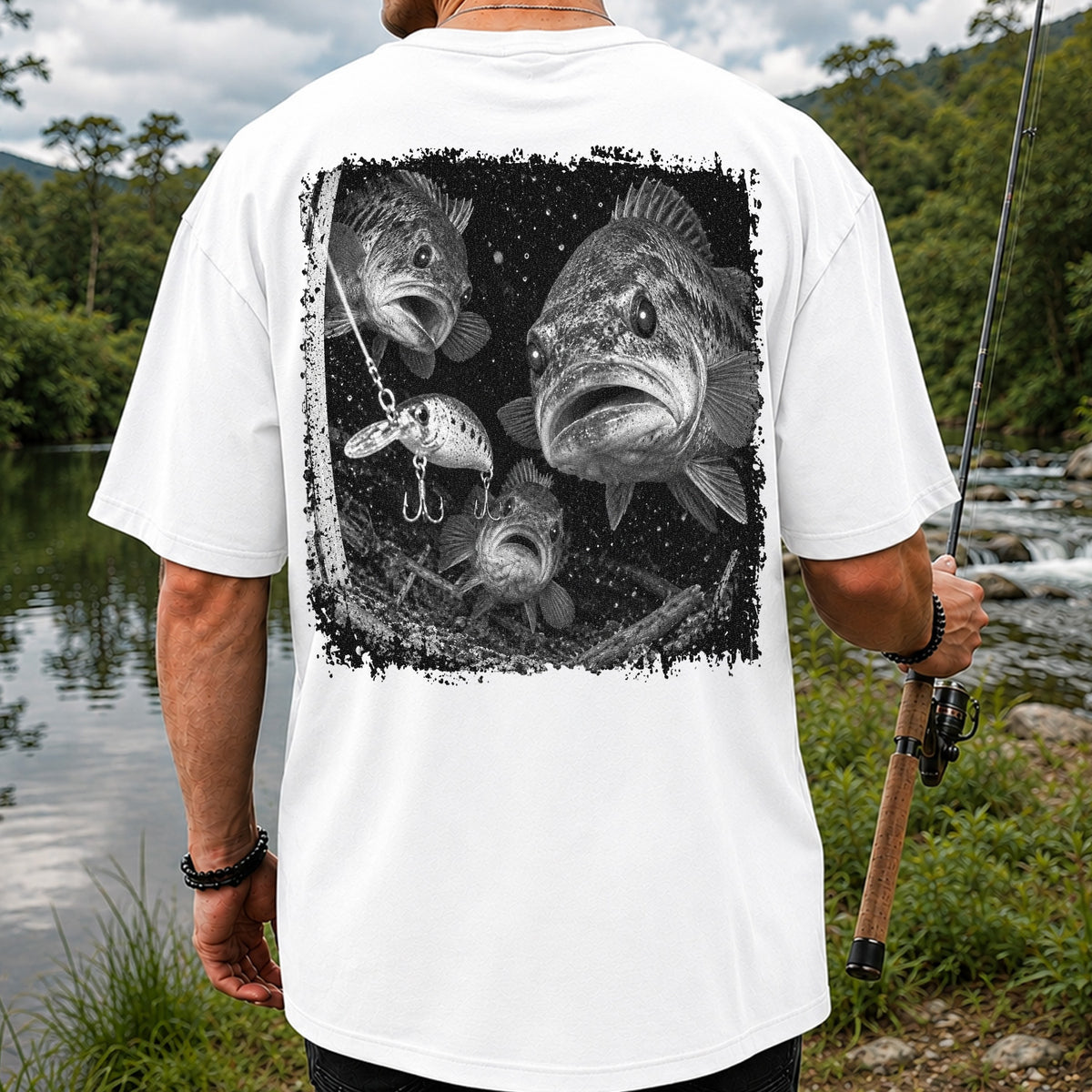 Vintage Bass Fishing Graphic T-Shirt with Underwater Fish Artwork | Back Print