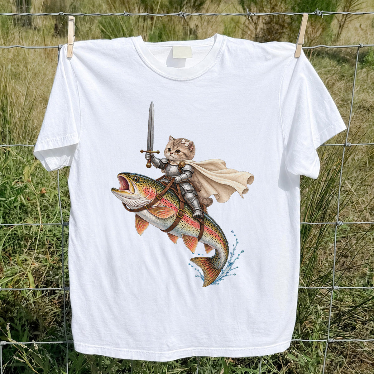 Cat Knight Riding a Rainbow Trout Fishing Graphic T-Shirt