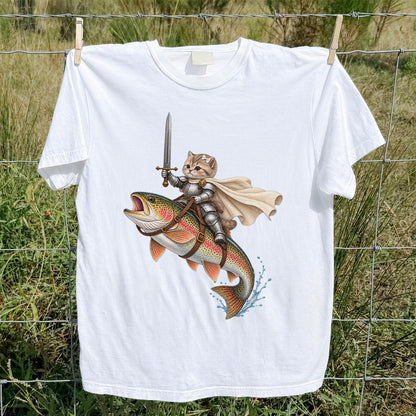 Cat Knight Riding a Rainbow Trout Fishing Graphic T-Shirt