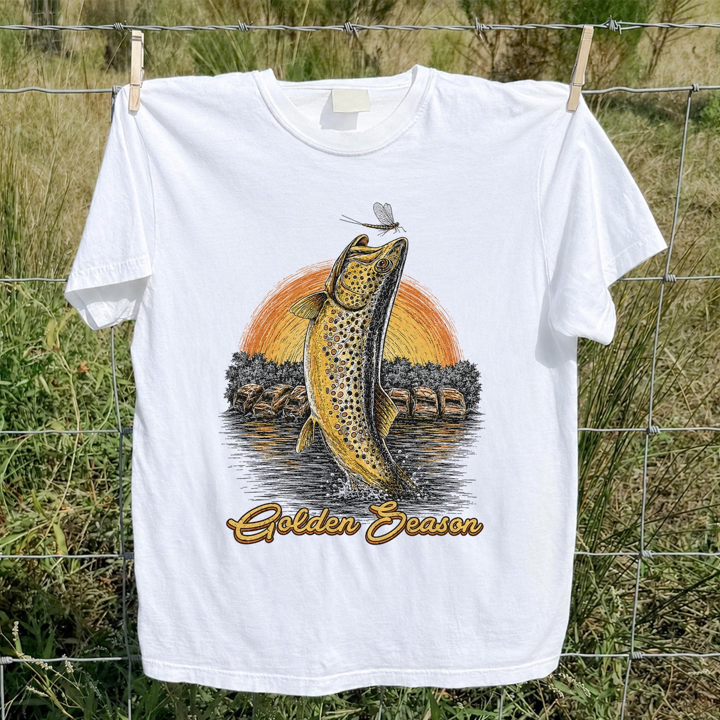 Golden Season Jumping Trout Sunset Fishing Graphic T-Shirt