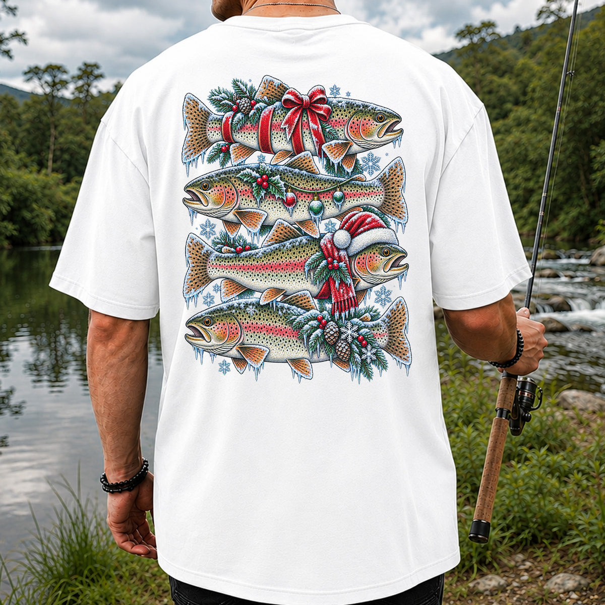 Festive Rainbow Trout Christmas Fishing Graphic T-Shirt | Back Print