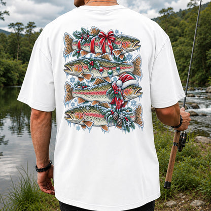 Festive Rainbow Trout Christmas Fishing Graphic T-Shirt | Back Print