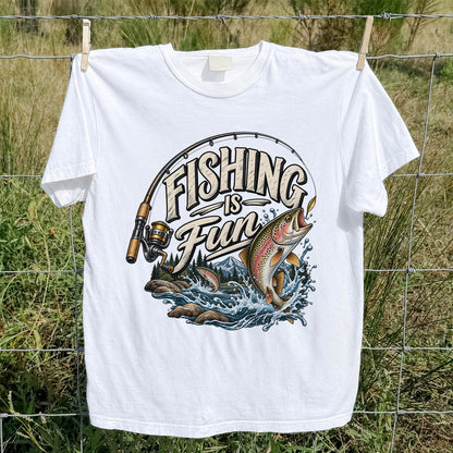 Fishing Is Fun Rainbow Trout and Mountain Graphic T-Shirt
