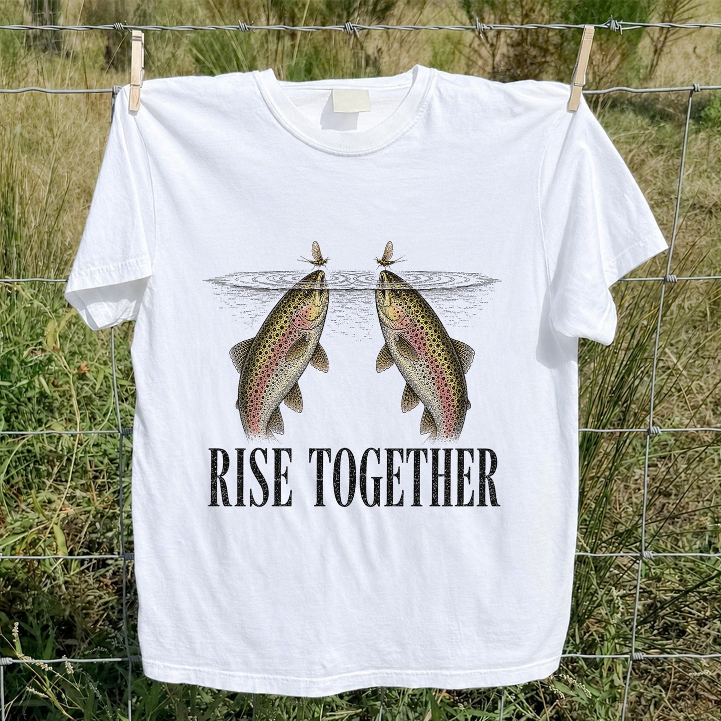 Rise Together Twin Trout and Mayfly Fishing Graphic T-Shirt