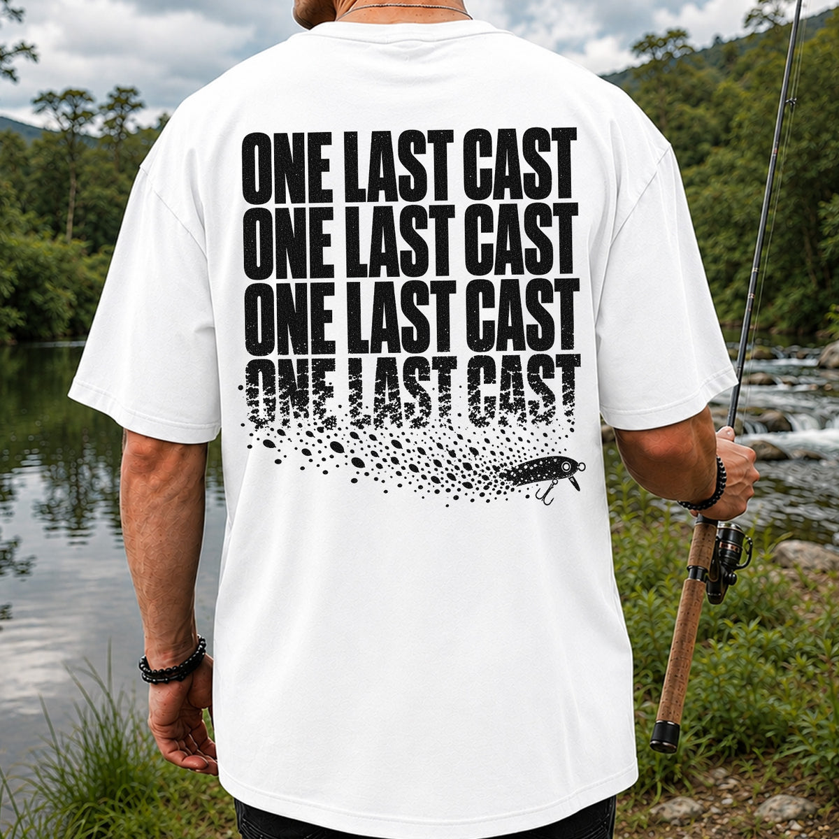 One Last Cast Repeating Fishing Lure Graphic T-Shirt | Back Print